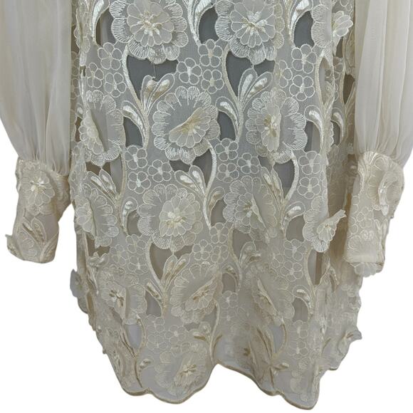 Vintage Chiffon Floral Dress Cream 3D Applique Flowers Sheer Women's Size Large - Picture 4 of 10